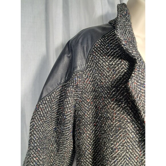 Vintage 80s Ann-Gee Wool Blend Coat XL Black Lined Tweed Leather Trim 11/12 - Picture 7 of 14